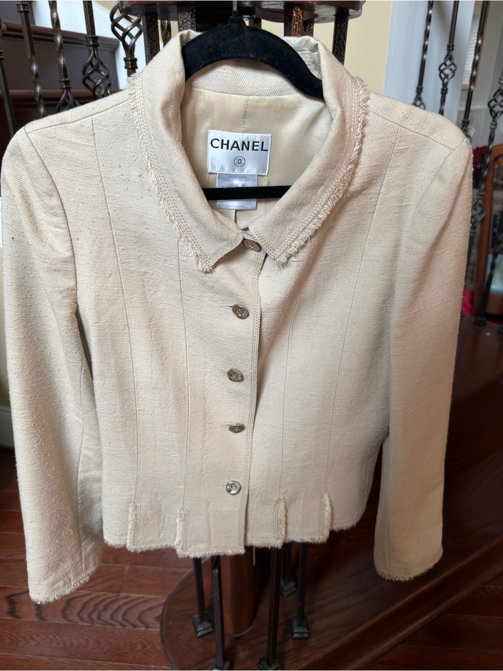 CHANEL Silk Tweed/Linen Jacket with Frayed Trim